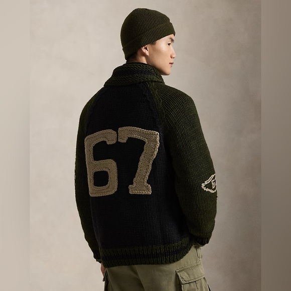 POLO RALPH LAUREN Wool Shawl-Collar Cardigan Black Olive Combo Men’s Size Large - Picture 4 of 11